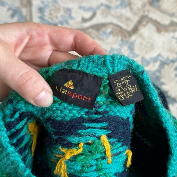 VTG 90’s Liz Sport chunky wool Sweater Green Cropped Checkered Balloon Sleeve S - Picture 6 of 11